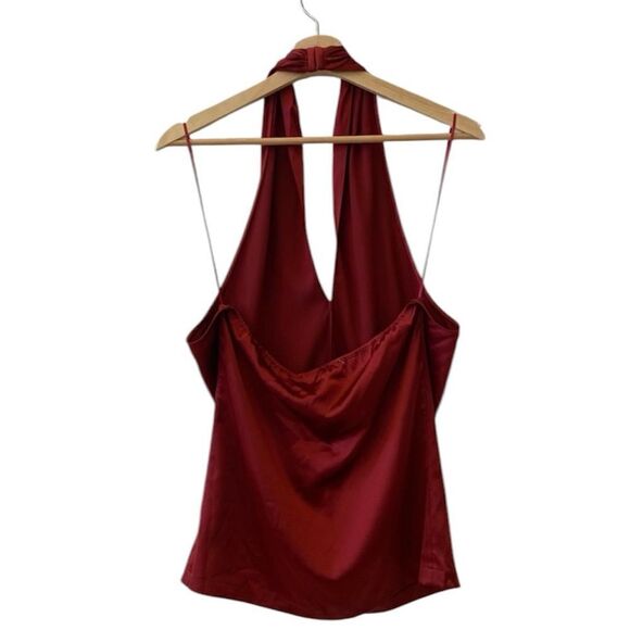 Theory NWT Ertil Convertible Cross Front Plunge Silk Halter Top Red Dahlia L - Picture 10 of 12